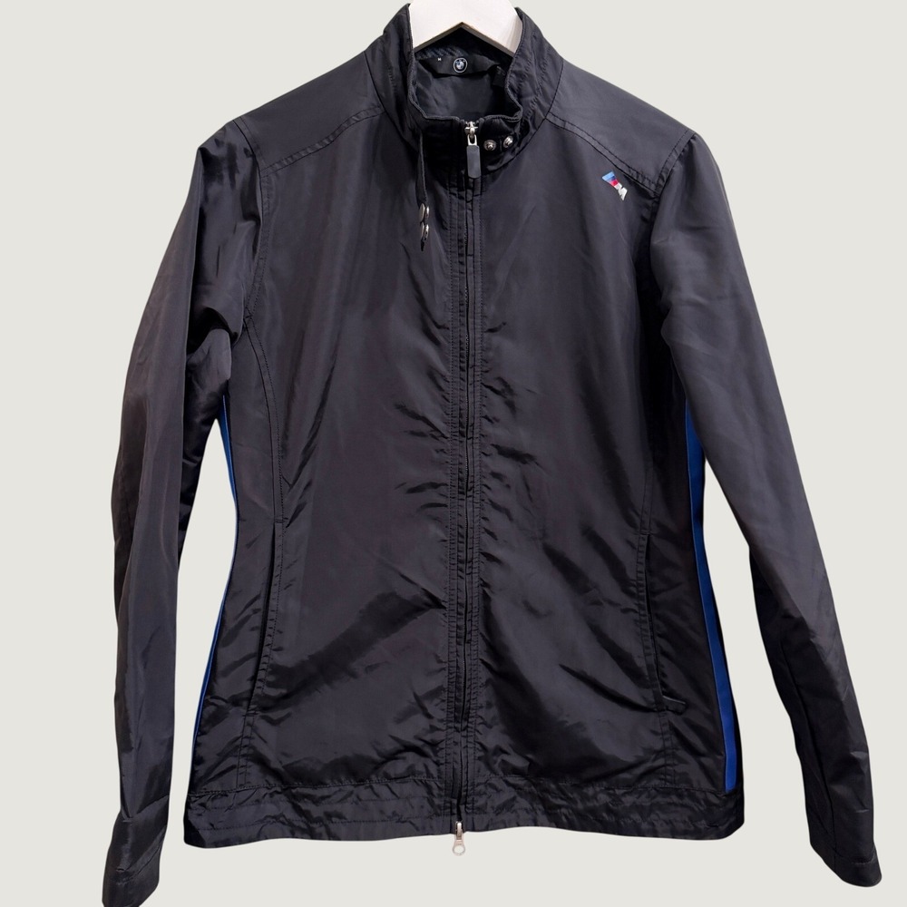 BMW Black Nylon Racing Jacket Women's Medium M Full Zip Power Stripes